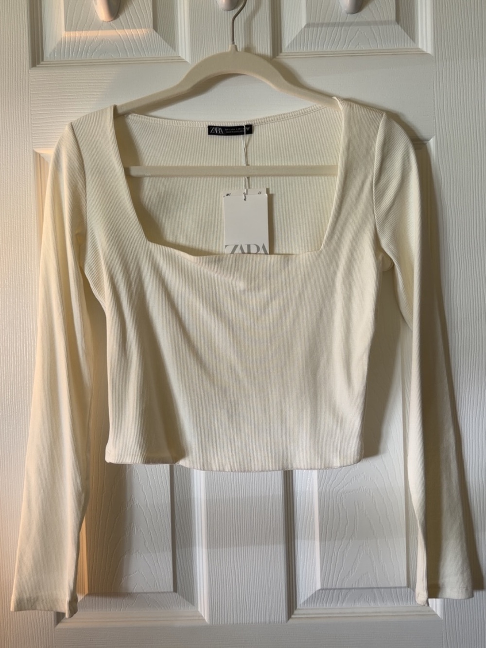 ZARA Cream Square-Neck Ribbed Long Sleeve Top